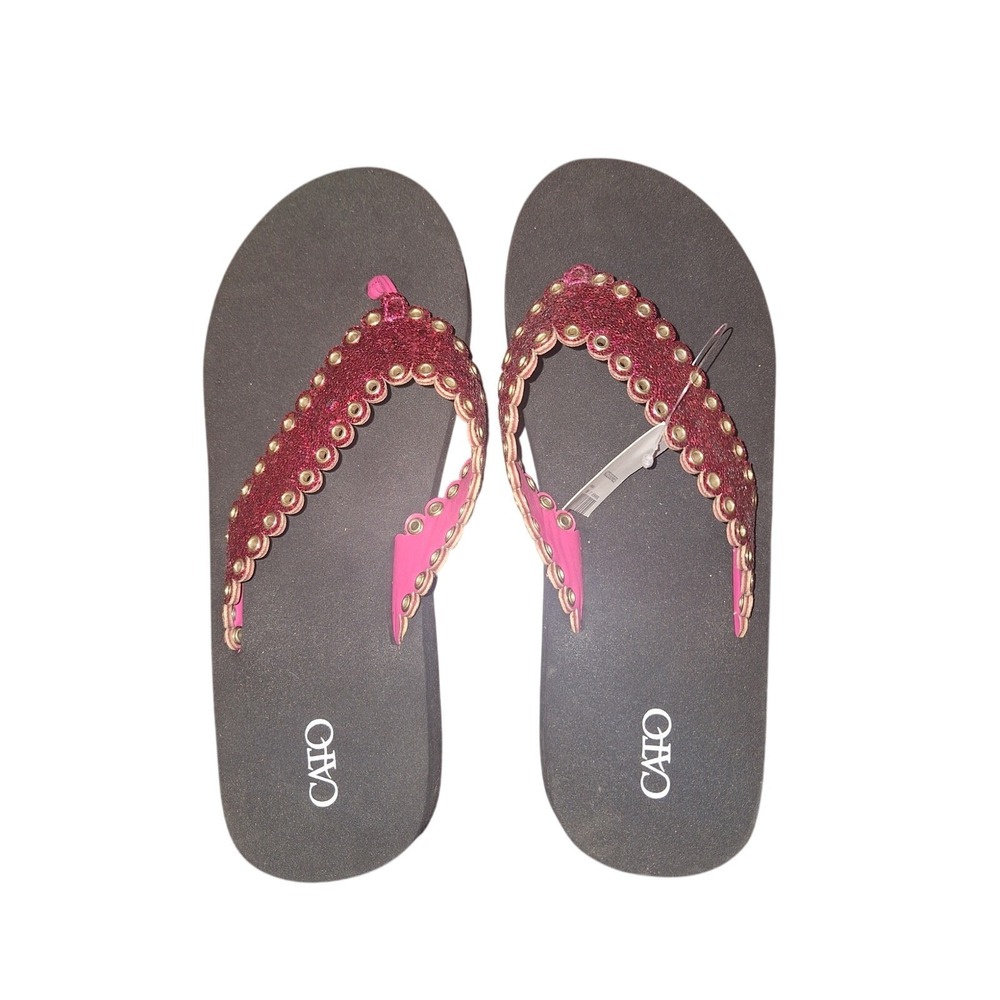 Cato's Womens Size 10M Pink Glow Glitter Gold Stud Flip Flops Beach Summer Shoes
